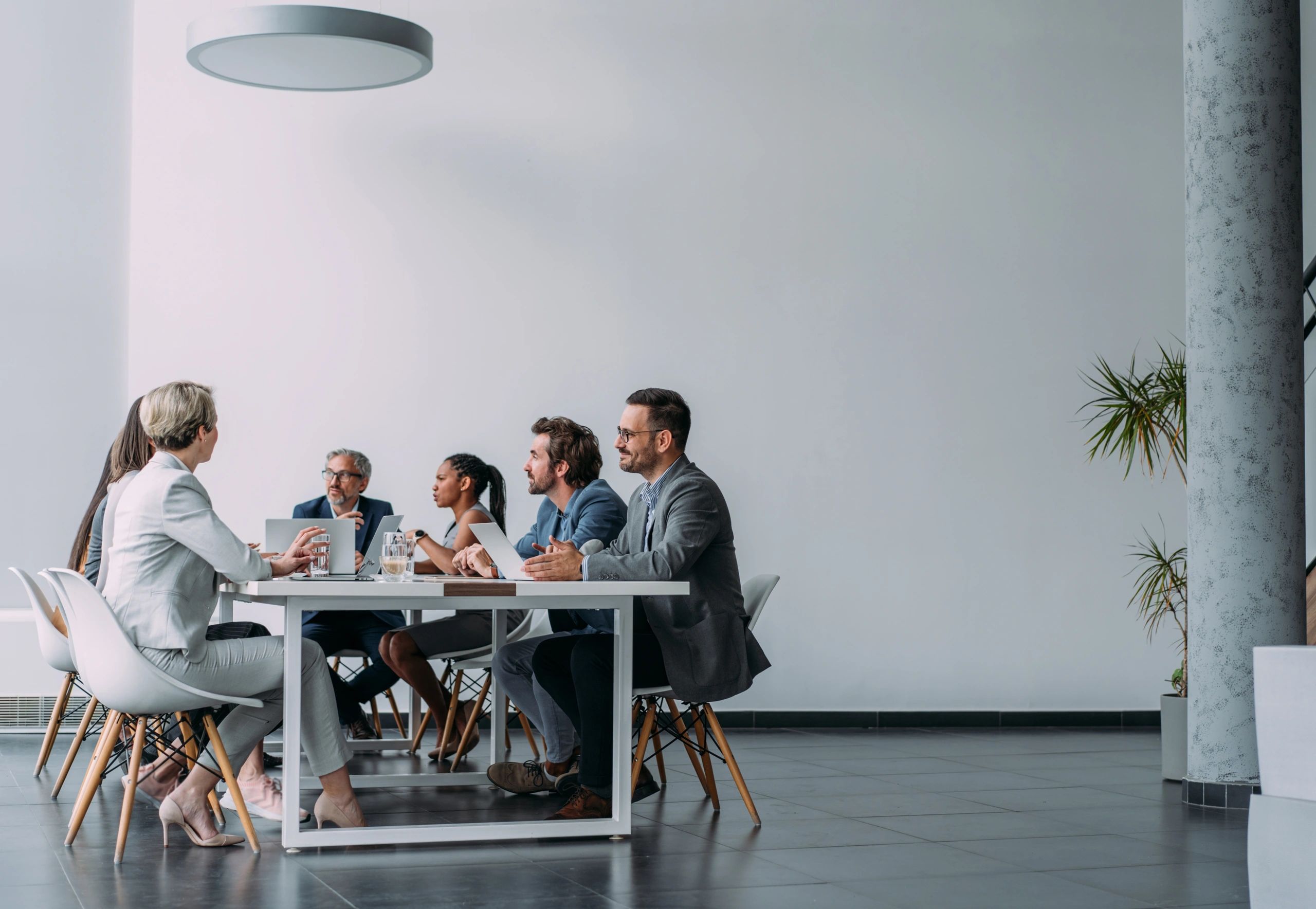 Business team collaborating in a staffing meeting